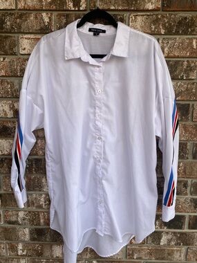 New Look White Shirt with Red and Blue Striped Sleeves